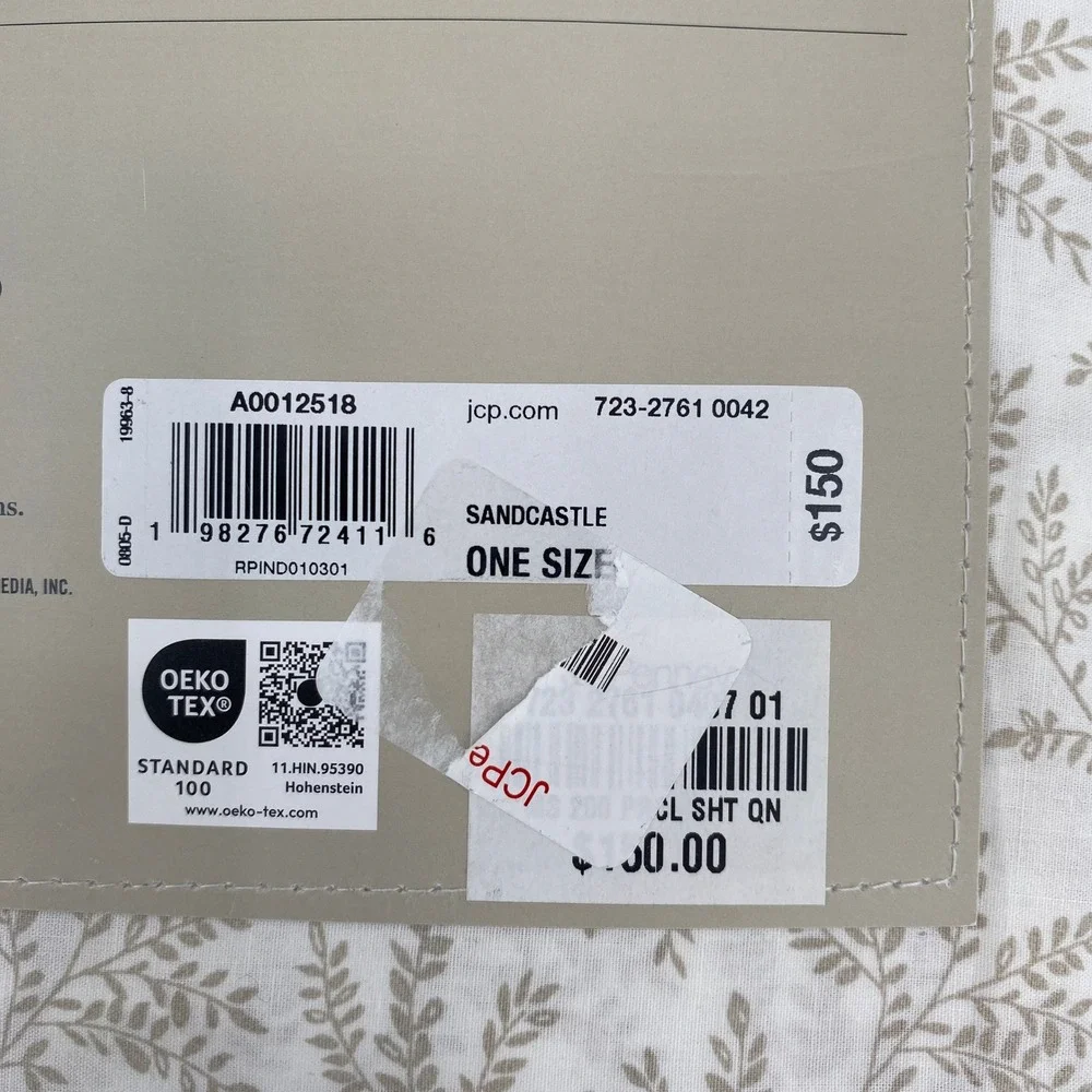 Martha Stewart Sheet Set Queen Sandcastle Tan White Cotton Botanical Vine 4pc